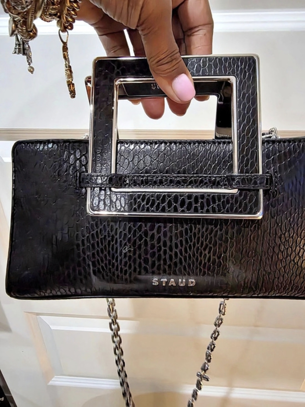 STAUD Shirley Bag Convertible Clutch Black Snake Embossed Bag